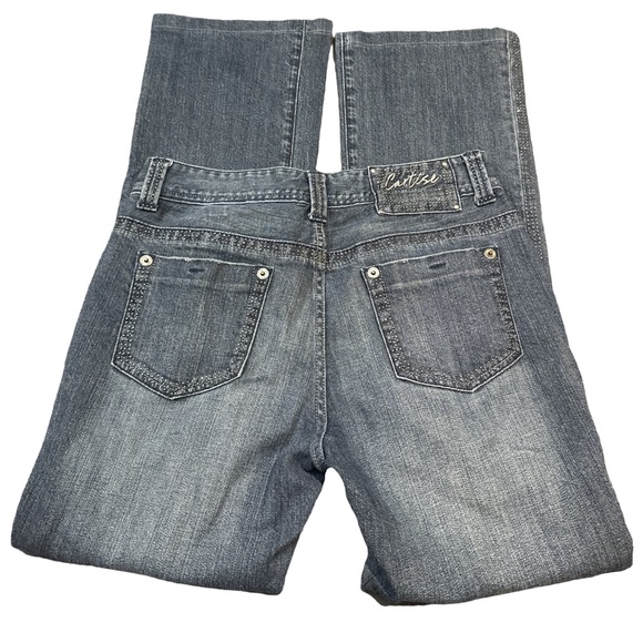 Y2K CARTISE women's dark wash rhinestone detailed flare jeans, size 30". - Picture 4 of 5